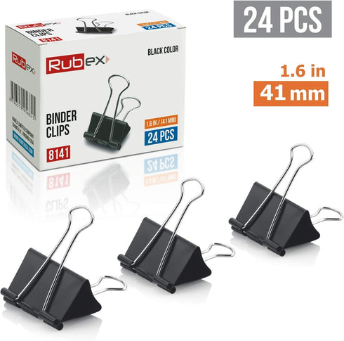 Rubex Large Black Binder Clips, Jumbo 1.6 Inch Paper Binder Clips, 24 Count Big Metal Paper Clamps for Office