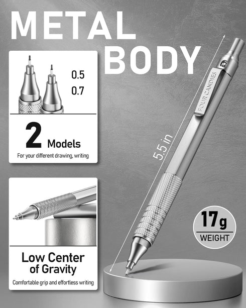 Four Candies 2PCS Metal Mechanical Pencils Set with Case, 0.5mm & 0.7mm Artist Pencil with 6 Tubes HB Lead