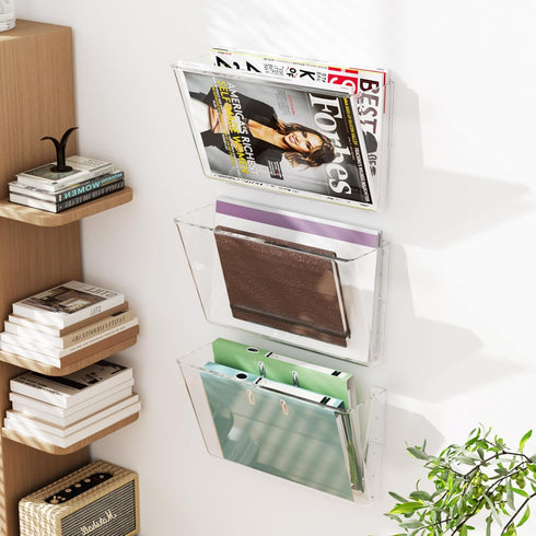 MaxGear Acrylic Wall File Organizer - 4 Pockets Clear Wall Mounted Holder for Office, School, Home