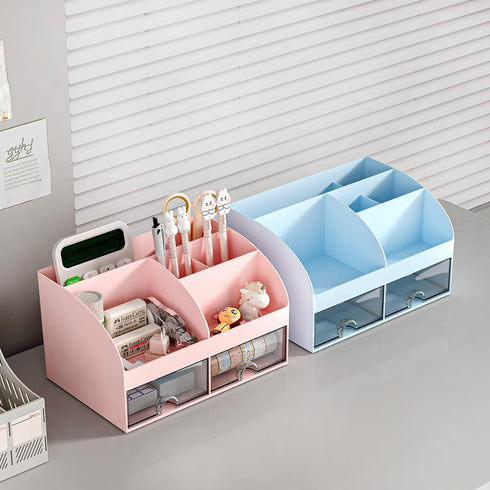 Desk Organizer with 6 Compartments and 2 Drawers, Plastic Makeup Organizer for School Home Office Supplies