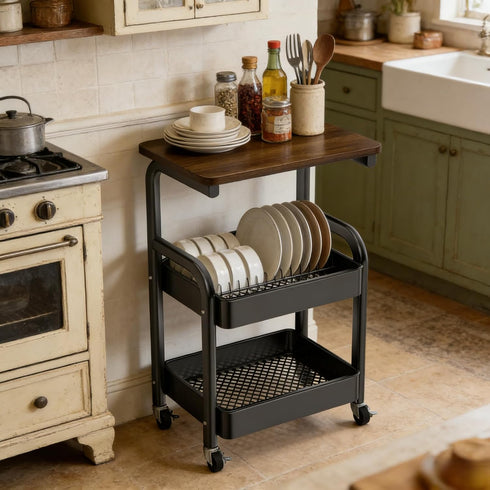 Generic 3 Multi-Purpose Tier Rolling Cart with Walnut Table Top, Metal Utility Storage Cart with Lockable Wheels