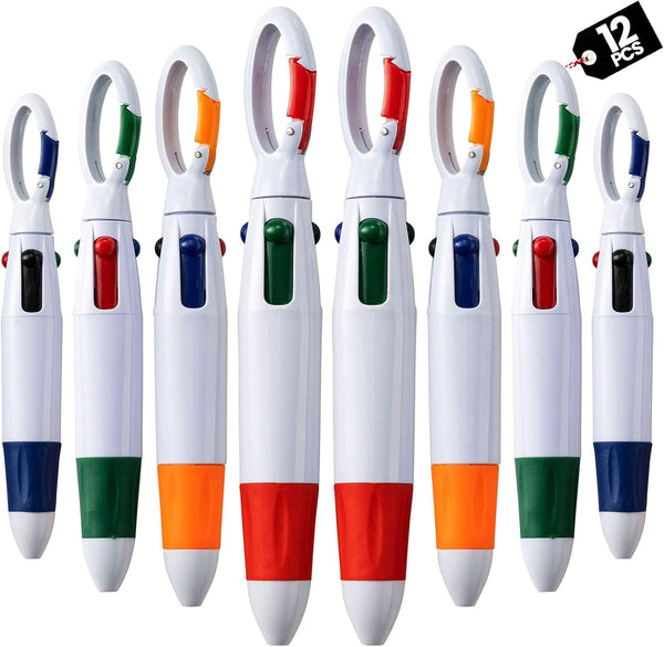 Retractable Shuttle Pens with Carabiner Clip, Pack of 12 Mini 4-in-1 Multi-Colored Ink Ballpoint Pens