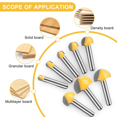 UTRUSTTO Set 1/4 Inch 8 1/4", 5/16", 3/8", 1/2", 5/8", 3/4", 7/8", 1" Cove Box Router Bit Shank, Pcs Solid Carbide