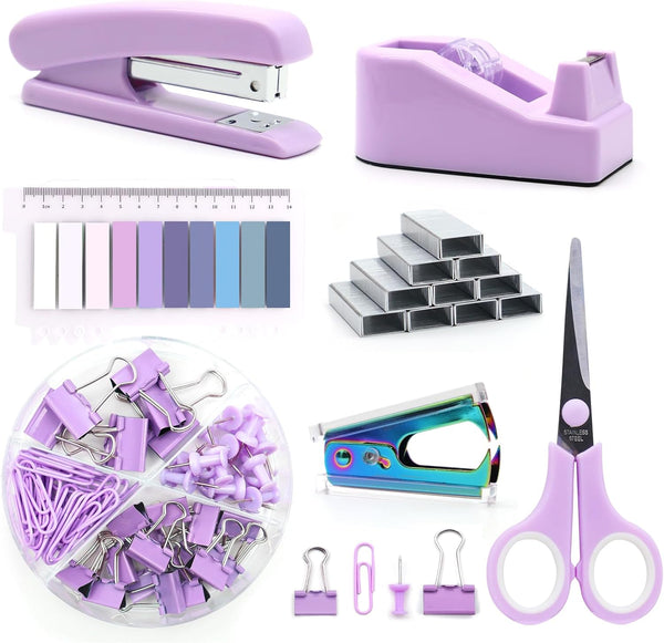 Purple Office Supplies Set, UPIHO Stapler and Tape Dispenser Kit, Office Desk Accessories with Stapler, Tape, Remover,