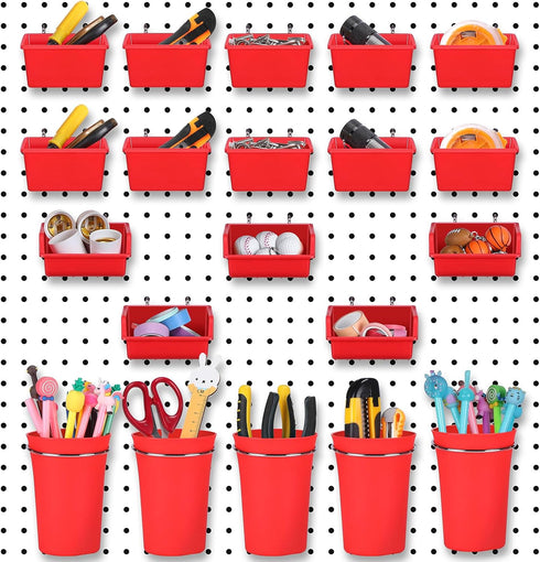20 Pack Pegboard Cups and Bins Set, Wall Organizer with Hooks and Loops for Garage Craft Office Storage
