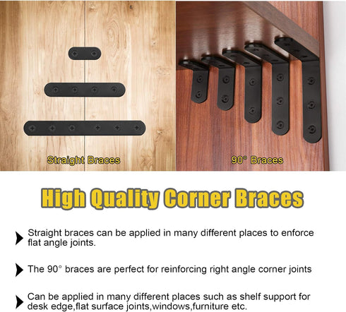 Mardatt 24 Sets (20/50/100mm,40/100/160mm) Black Corner Braces L Brackets and Straight Braces Mending Plates Heavy Duty