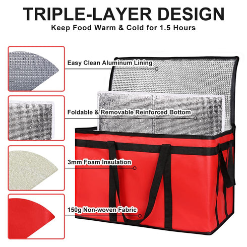 1-Pack CIVJET Insulated Food Delivery Bag with Hard Bottom, XXX-Large Insulated Reusable Grocery Cooler/Hot Bags, Tote
