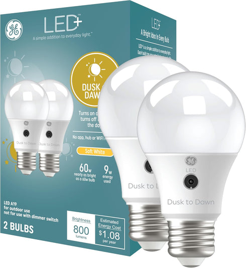 GE LED+ A19 Dusk to Dawn LED Light Bulb, Automatic On/Off, Outdoor Security Light, Daylight, 2 Pack