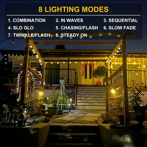 AGELCK 50FT 25 Dimmable G40 Bulbs, 8 Solar String Lights Outdoor Waterproof w/Remote, LED Shatterproof Modes & Timer