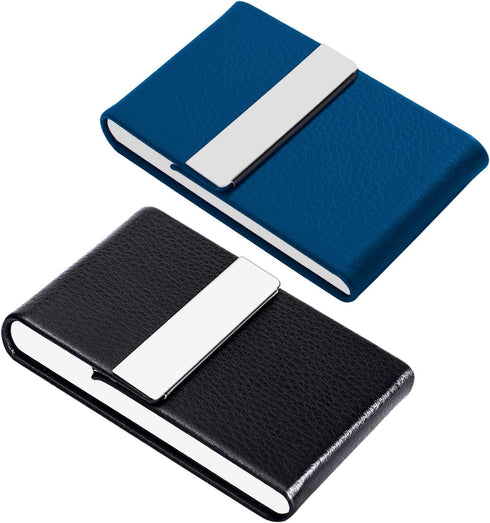 JuneLsy PU Leather Business Card Holder Case, Magnetic Shut Pocket Carrier for Men & Women, Pack of 2 (Black/Blue)