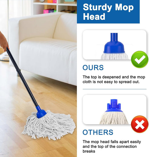 KeFanta Mop for Floor Cleaning, 2 Pcs Cotton String Wet Mops Replacement Head Refill with 0.8" Diameter Mop Handle