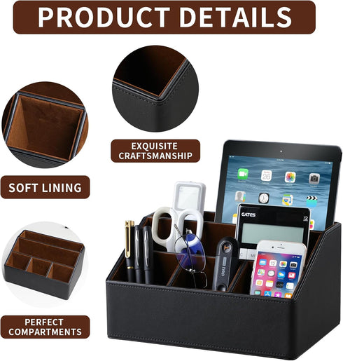 Pu Leather Desk Organizer, Multifunctional Storage Box with 5 Compartments, Office Accessories for Pen, Pencil,