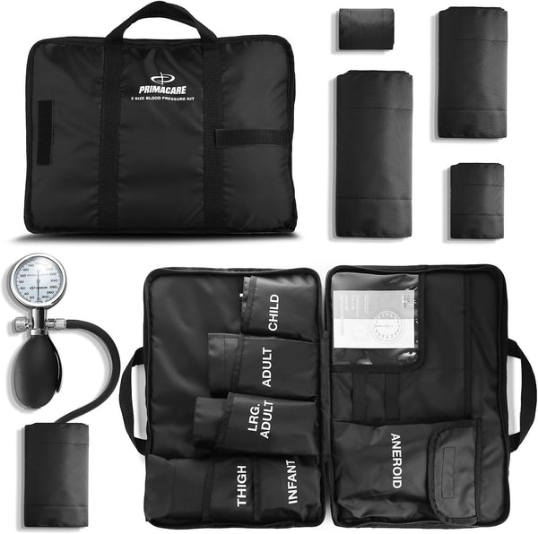 Primacare DS-9185 Aneroid Sphygmomanometer and Blood Pressure Cuff Set with Portable Case, 5 Sized Nylon Cuffs