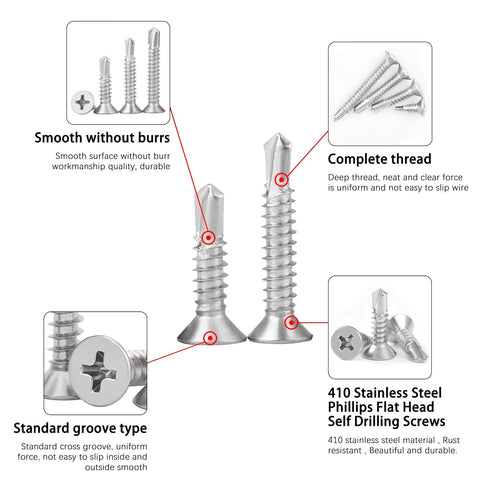 #8 x 1-1/2" Self Drilling Screw, Stainless Steel 410, Flat Head Phillips Wood Screw, 75 Pcs