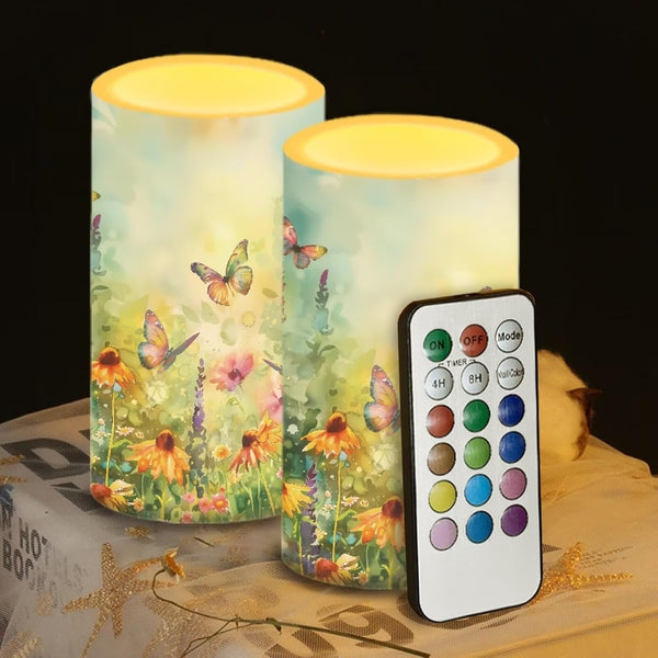 Butterfly Floral LED Lights Pillar Candles Color Changing LED Flameless Candles Multicolor