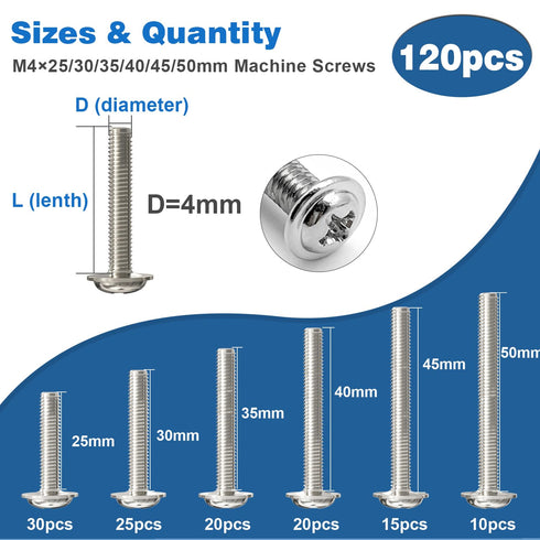 120PCS Assortment Cabinet Pull and Knob Screws, M4 25/30/35/40/45/50mm, Machine Screws with Pan Washer Head, Metal Phillips Screws Kit for Drawer, Cupboard, Closet Handle Installation