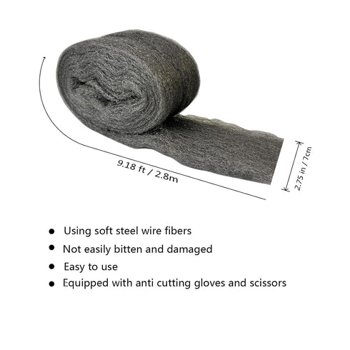 Steel Wool 2-Piece Set (3 inches x 10 feet) , Steel Wool for Mice ,Block Holes, Wall Cracks, Clean Rust Prevention Tools, Hardware Polishing Kit (Including Anti Cutting Gloves and Scissors)