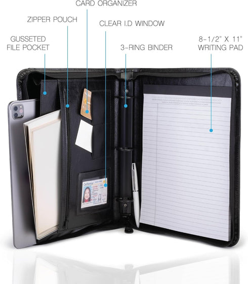 Travigo 3-Ring Zipper Business Leather Portfolio Folder, 1.25" 3-Ring Binder, Professional Document Organizer