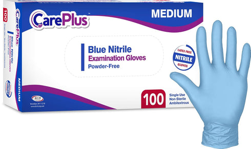 Care Plus Nitrile Examination Medical Gloves - Blue, Medium 100 Count