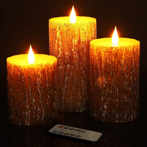 Sets 24 3" 4" 5" 6" Pack 3 AKU TONPA Pine Bark Effect Flameless Candles Battery Operated Pillar Real Wax Flickering