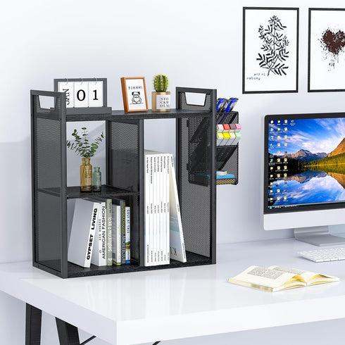 PAG Desktop Shelf Freestanding Bookshelf with Pencil Holder, Office Supplies Organizers and Accessories Storage Display
