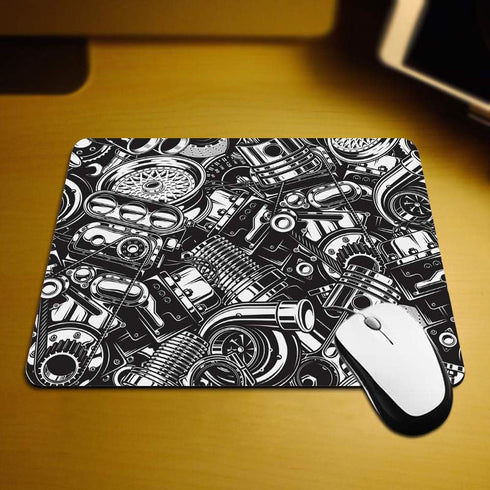 Gaming Mouse Pad with Automobile Car Parts Pattern, Monochrome Black and White Non-Slip Rubber for Computers