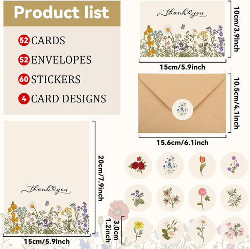 52 Pack Set Summer 4x6inch Thank You Cards With Envelopes Wildflower Thank You Cards Bulk Assortment Greeting Gift