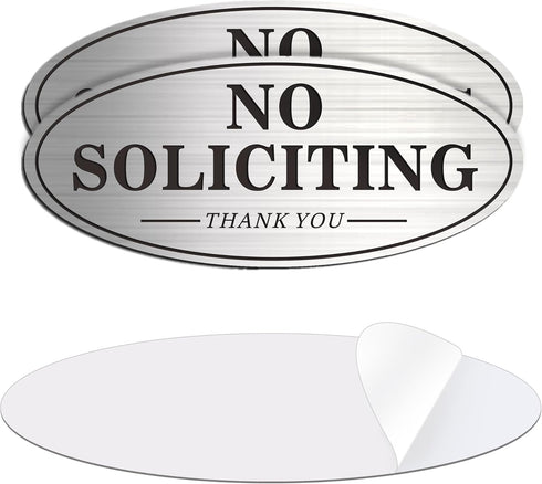 House Door No Soliciting Sign Metal, 2 Pack Silver Color, Self-Adhesive Modern Design Aluminum Signs for Office Home