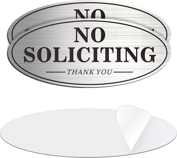 House Door No Soliciting Sign Metal, 2 Pack Silver Color, Self-Adhesive Modern Design Aluminum Signs for Office Home