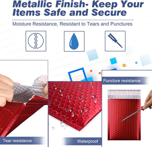 Metallic Matte Red Bubble Mailers, 4x8 Inch Durable Padded Envelopes, Pack of 25 with Secure Self-Seal Closure
