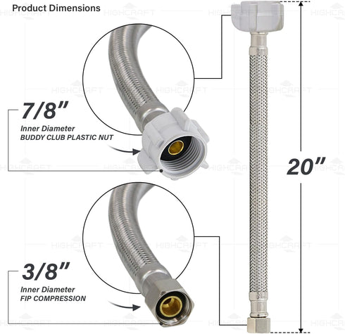 Everflow Supplies 27420-NL 20" No Lead Stainless Steel Braided Tank Supply Line, 3/8" Compression Fitting