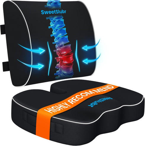 SweetSlubr Ergonomic Memory Foam Seat Cushion & Lumbar Support Pillow Set, Orthopedic Coccyx