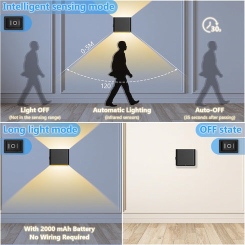 Rechargeable Motion Sensor Wall Light, Battery Operated Wireless Wall Sconce, Up and Down Warm White Indoor Lighting