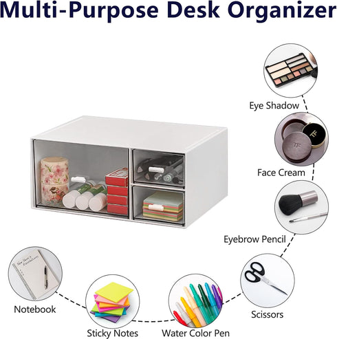 Stackable Desk Organizer with 3 Compartments, Storage Drawers for Makeup, Bathroom Organization, Accessories (White)