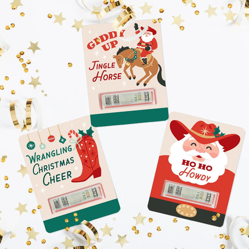 Set 6 Big Dot of Happiness Christmas Cowboy Money Holders for Cash, DIY Assorted Western Santa Party Cash Holder Gift