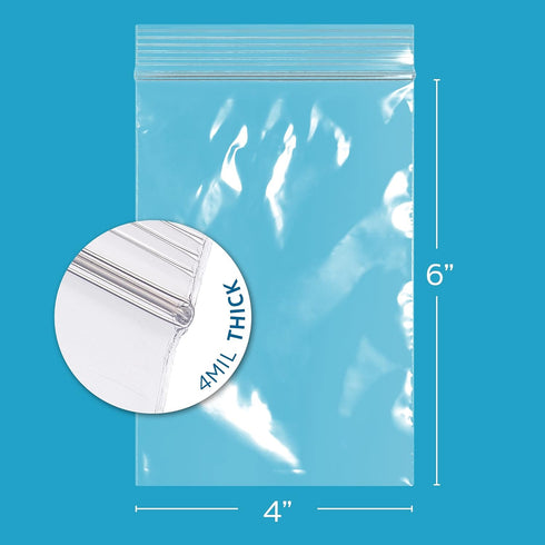 GPI 4" X 6" Clear Plastic Zip Bags, 1000 Count, Heavy-Duty 4 Mil Thick Durable Poly Baggies with Resealable Lock