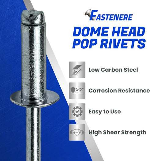 Pop Rivets - 1/8" x 1/4" (100 pcs) Heavy Duty, Open-End, Low Carbon Steel Dome-Head Blind Rivets