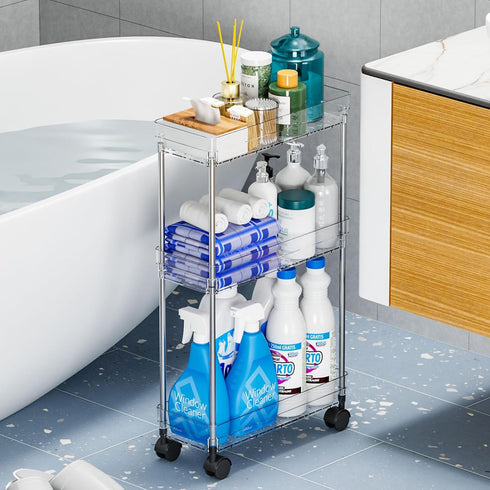 Yieach 3 Wheels,6.3W Clear Tier Slim Rolling Storage Cart with Thin Shelf,Bathroom Storage Cabinet,Skinny Laundry