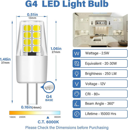 G4 Bulb, 10 Pack 12V Bulbs, 20W-30W T3 G4 Bulb, 6000K, 2.5W 250LM G4 TJOY Led Landscape Light Replacement Halogen