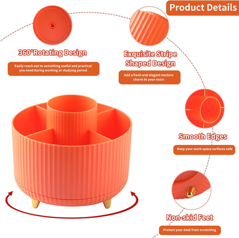 Desk Pencil Pen Holder - 5 Slots 360° Degree Rotating Organizer for Office, School, Home, and Art Supplies (Orange)
