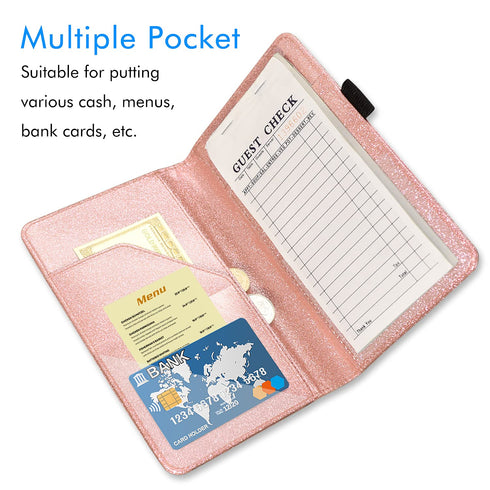 ACdream Cute Pocket Leather Server Books for Waitress, Money Organizer Wallet, Glitter Rose