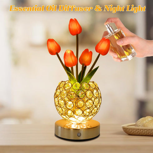 3-Colour Dimming Tulip Crystal Flower Lamp Touch Lamp,Rechargeable Cordless Table Lamp, Infinitely Battery Powered
