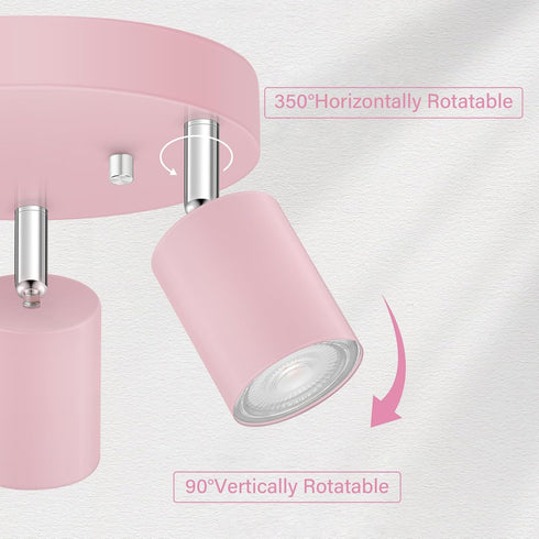 3 GU10 Bulb Light Track Lighting Fixtures Ceiling, Pink Round Directional Spotlight Fixtures, Flush Mount Ceiling