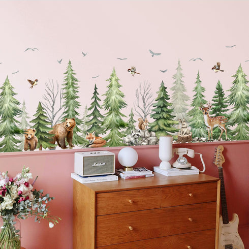 LiveGallery Removable Forest Tree Wall Decal, Woodland Wildlife Mural Wall Sticker, Peel and Stick Pine Tree Animals