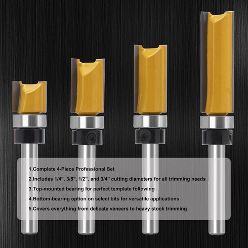 Set Bit-1/4 Inch Shank-4 Flush Trim Router for Woodworking - Cabinet, Rabbeting, Tongue & Groove(Router pcs Straight)