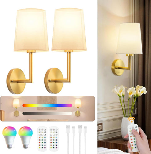 JKEYES Battery Operated Wall Sconces Set of Two, Gold Cordless Wall Sconce