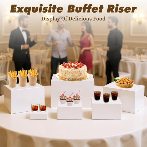 PercyEffie 6PCS Set decor5/6/6.8/7/7.5/8IN Buffet risers Acrylic Cubes for Display Food risers for Buffet Table White