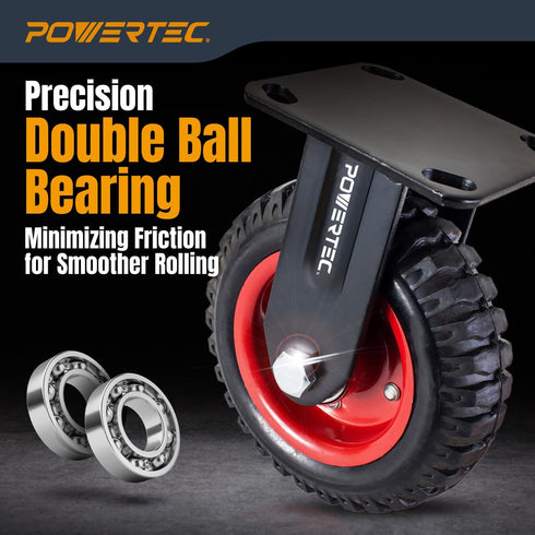 6 Inch Toolbox 1PK (17052) POWERTEC Caster Wheels, Heavy Duty Fixed Plate Casters with Rubber Knobby Tread