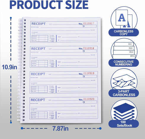 sunanday 6 Pack Insert,7-5/8" 10-7/8" Bound,3 Carbonless,100 Sets Book,4 Large Money and Rent Receipt Books
