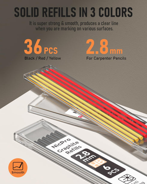Nicpro 3 Pack Carpenter Pencil Set, Mechanical Woodworking Pencils with Sharpener & 39 Refills